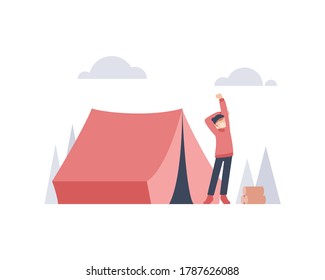 A young man wake up and stretching in front of his camp at mountain vector illustration
