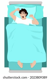 A young man wakes up in bed. Vector illustration of a sleepy man