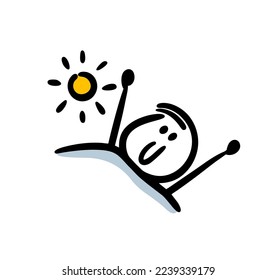 A young man wakes up with a smile on his face and stretches sweetly early in the morning under the light of the sun. Vector illustration of cute doodle kid in bed.