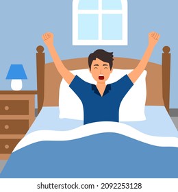 Young man waking up in bed yawning in the morning vector illustration.