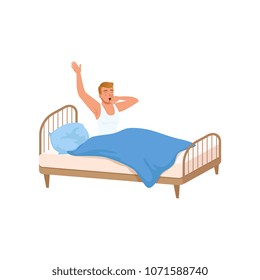 Young man waking up beginning a good day, people activity, daily routine vector Illustration on a white background