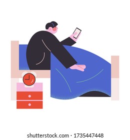 Young man waking up and checking social networks in bed vector illustration