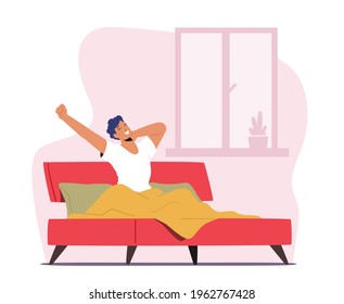 Young Man Waking Up at Morning in Good Mood. Awaken Happy Male Character Stretching Body Sitting on his Bed after Getting Up in Bedroom. Human Everyday Routine, Lifestyle. Cartoon Vector Illustration