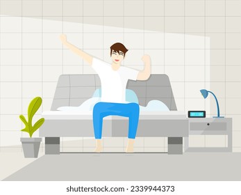 young man waking up In the morning with a happy twist with sunlight into the bedroom and pot plant, lamp on background. Male wake up or sleep. Vector cartoon lifestyle people enjoy, good morning life 