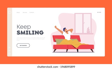 Young Man Waking Up at Morning Landing Page Template. Happy Male Character Stretch Body Sitting on his Bed after Getting Up in Bedroom. Human Everyday Routine, Lifestyle. Cartoon Vector Illustration