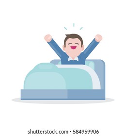 A young man waking up in the morning on bed and stretching, Vector illustration character design.