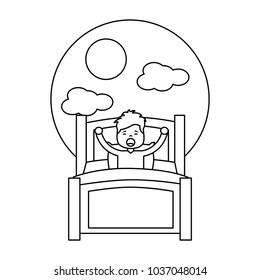 young man waking up sitting on bed vector illustration outline design