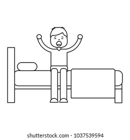 young man waking up sitting on bed with arms stretched vector illustration outline design