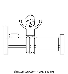 young man waking up sitting on bed with arms stretched vector illustration outline design