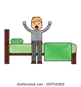 young man waking up sitting on bed with arms stretched vector illustration drawing image design