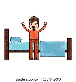 young man waking up sitting on bed with arms stretched vector illustration drawing image design