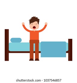 young man waking up sitting on bed with arms stretched vector illustration