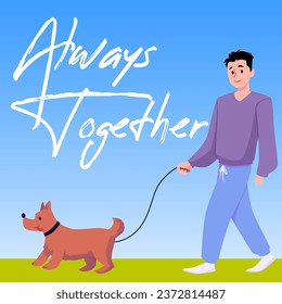 Young man walk with dog on a leash outside. Always together with best friend pet vector poster. Brown domestic fluffy doggy. Relationship between owner and home animal. Good canine behavior.