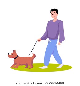 Der junge Mann läuft mit dem Hund an der Leine. Brauner häuslicher Flöschenhund. Gutes Verhalten der Hunde. Vektor einzelne Illustration bester Freund Haustier. Verhältnis zwischen Eigentümer und Heimtier