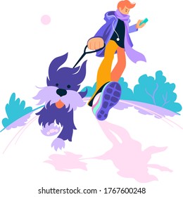 Young man walk the dog in the park. Flat style vector illustration