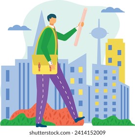 Young man walk urban street place hold blueprint drawing, male architect stroll city landscape flat vector illustration, isolated on white. Urban futuristic development background, construct designer.