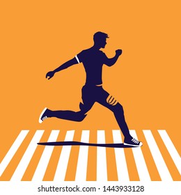 Young man walking across a zebra cross silhouette cartoon vector illustration