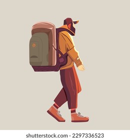 Young man walking alone. Adventure travel. The concept of travel, hikes, discoveries, exploration, adventure tourism and travel