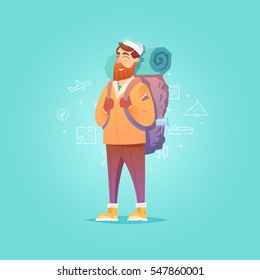 Young man walking alone.  Adventure travel. Summer vacation. Around the world. Cartoon style. Vector illustration.