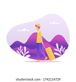 Young man walking alone on a forest trail. Adventure travel. Summer vacation. Around the world. Cartoon style. Vector illustration.