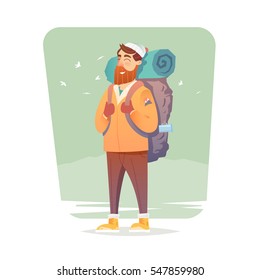 Young man walking alone on a forest trail.  Adventure travel. Summer vacation. Around the world. Cartoon style. Vector illustration.