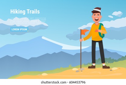 Young man walking alone on a forest trail. Adventure travel. Summer vacation. Around the world.