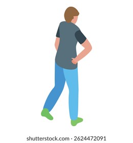 Young man is walking away from the viewer, putting one hand on his back