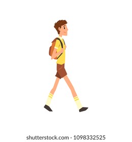 Young man walking with backpack, active healthy lifestyle concept cartoon vector Illustration on a white background