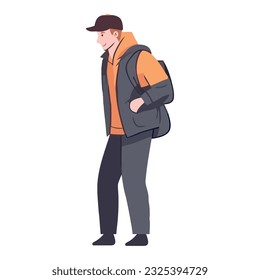 Young man walking with backpack and success icon isolated
