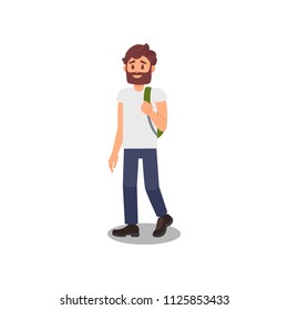 Young man walking with backpack,healthy and active lifestyle vector Illustration on a white background