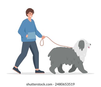 Young Man walking with big fluffy dog. Guy with happy dog on leash. Pet and owner spending time together, healthy lifestyle concept. Vector flat illustration isolated on white background.