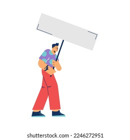 Young man walking with blank sign or banner, flat vector illustration isolated on white background. Concepts of protest, demonstration or campaign. Person with empty white placard.