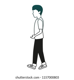 Young man walking in blue lines