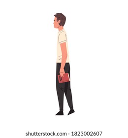Young Man Walking with Book, Male Student Character, Book Lover, Literature Fan Cartoon Style Vector Illustration