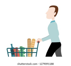 Young man walking and buying with shopping cart. Vector illustration flat design style.