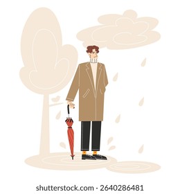 Young Man Walking with Cane Umbrella in Rainy Autumn Park Wearing Warm Business Coat Flat Style Illustration