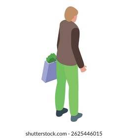 Young man is walking and carrying a grocery bag filled with fresh vegetables