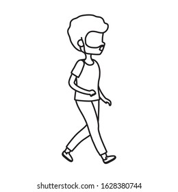 young man walking character cartoon icon on white background vector illustration thick line