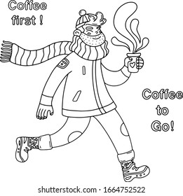 El joven caminando con una taza de café recién hecho.Letras. Ilustración vectorial en blanco y negro. 
