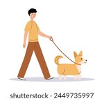 Young man walking with cute dog. Happy pet owner with corgi. Dog trainer. Side view. Flat Vector illustration isolated on white background