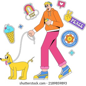 Young man walking with cute dog with style 90's