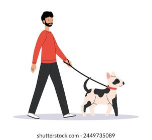 Young man walking with cute dog. Happy pet owner with bull terrier. Dog trainer. Side view. Flat Vector illustration isolated on white background