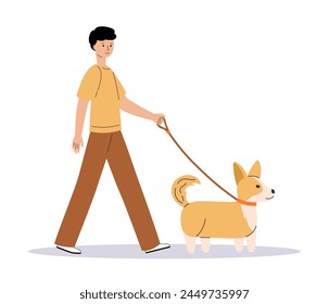 Young man walking with cute dog. Happy pet owner with corgi. Dog trainer. Side view. Flat Vector illustration isolated on white background