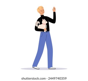 Young man walking with cute dog. Happy pet owner with little spitz on hands. Dog trainer or dog walker. Flat Vector illustration isolated on white background