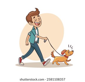 Young man walking with cute dog outdoor. Happy Adorable pet Side view illustration