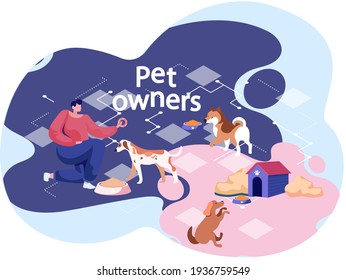Young man walking with cute doggy outdoors. Dog is standing near bowl of food and doghouse
