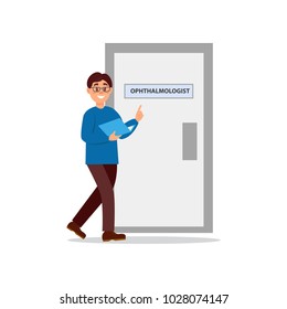 Young man walking at doctor s office. Door of ophthalmologist cabinet. Guy in glasses, blue sweater and brown pants with folder in hands. Healthcare and treatment. Flat vector