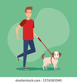 young man walking with dog