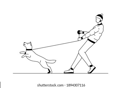 Young man walking a dog. Black and white outline vector illustration of a man holding a dog on a leash. Boy outside in winter with a happy dog pulling him by the leash and trying to run away