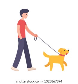 Young man walking dog, boy with golden retriever puppy. Simple, modern flat cartoon style. Isolated vector illustration.